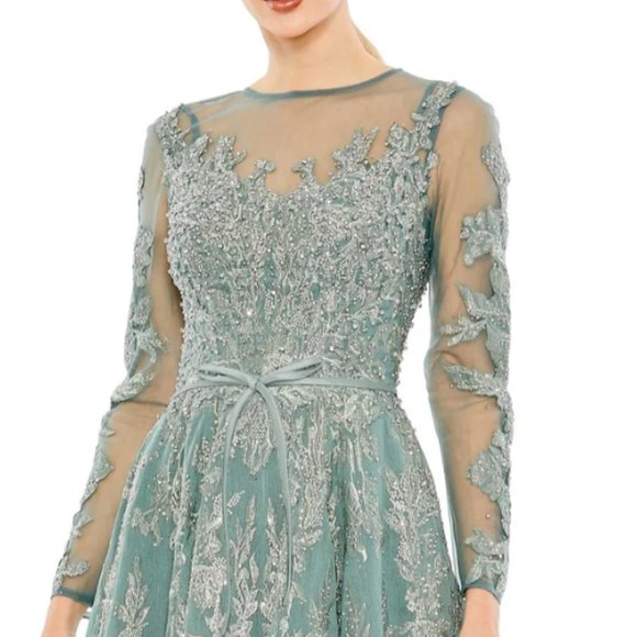MAC DUGGAL 20337 EMBELLISHED BOW BELT LONG SLEEVE A-LINE JADE DRESS GOWN sz 8 - Picture 3 of 6